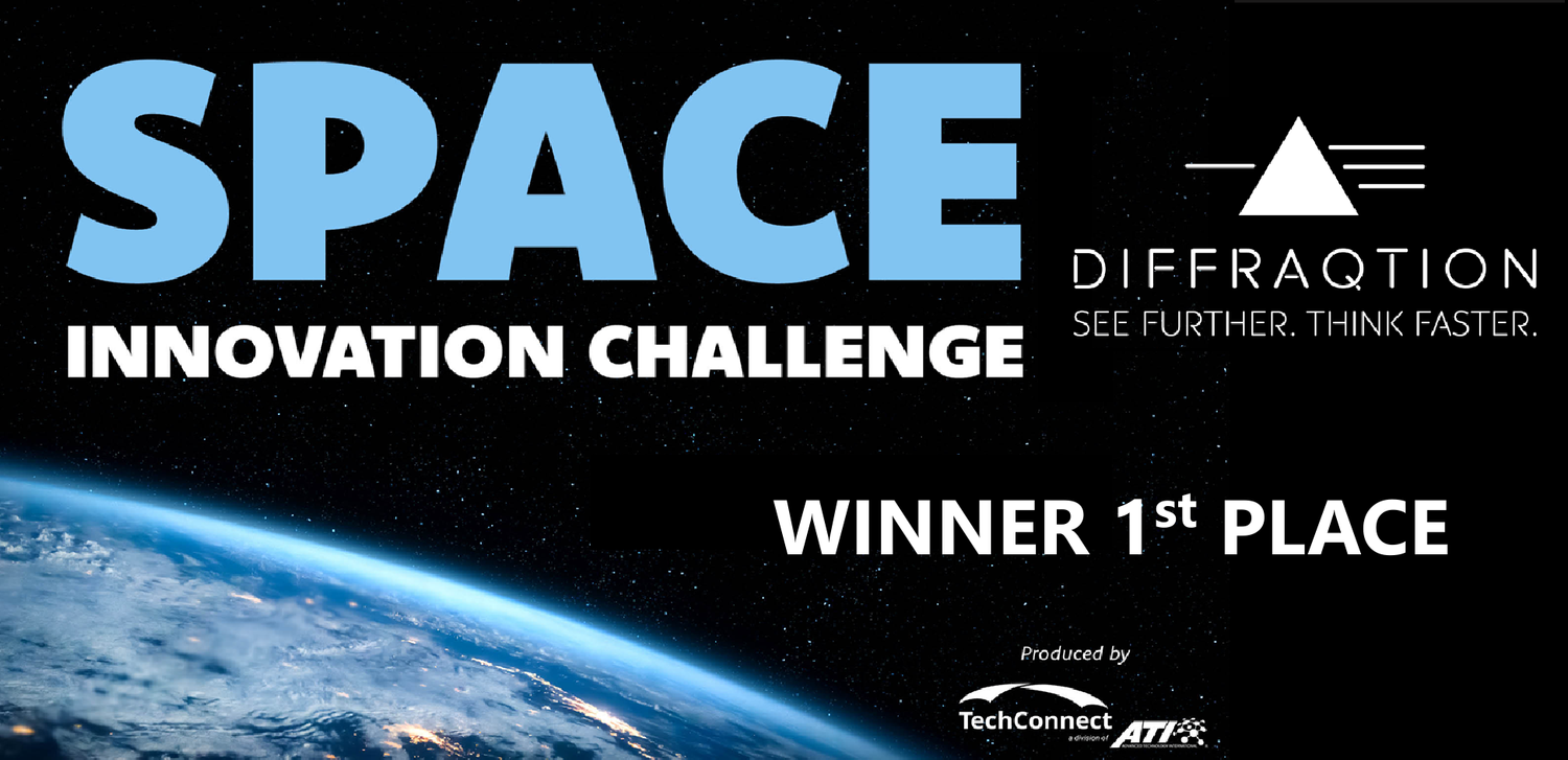 Banner for a space innovation challenge featuring an image of Earth from space. The text reads 'SPACE INNOVATION CHALLENGE WINNER 1st PLACE' and mentions 'Diffraction SEE FURTHER. THINK FASTER.' It also displays logos of TechConnect and ATI.