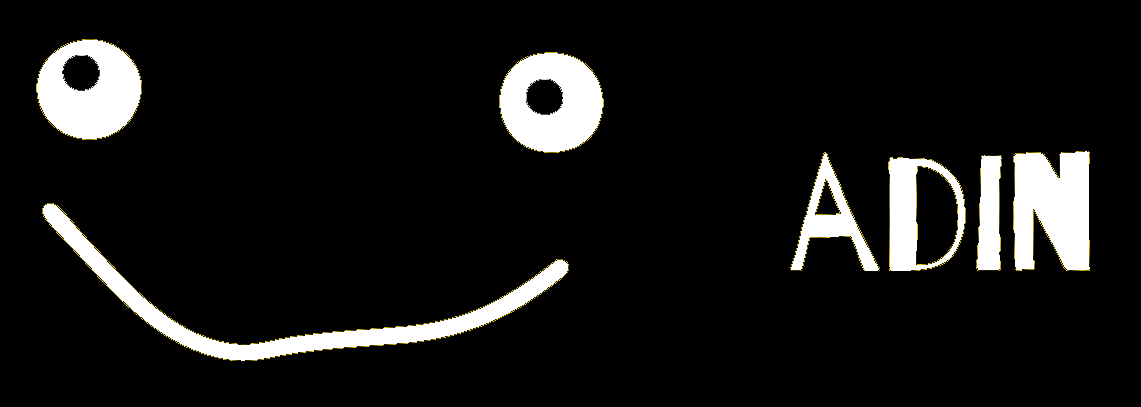 A black background with a white smiling face with two eyes and a curved mouth, and the word 'ADIN' written to the right.