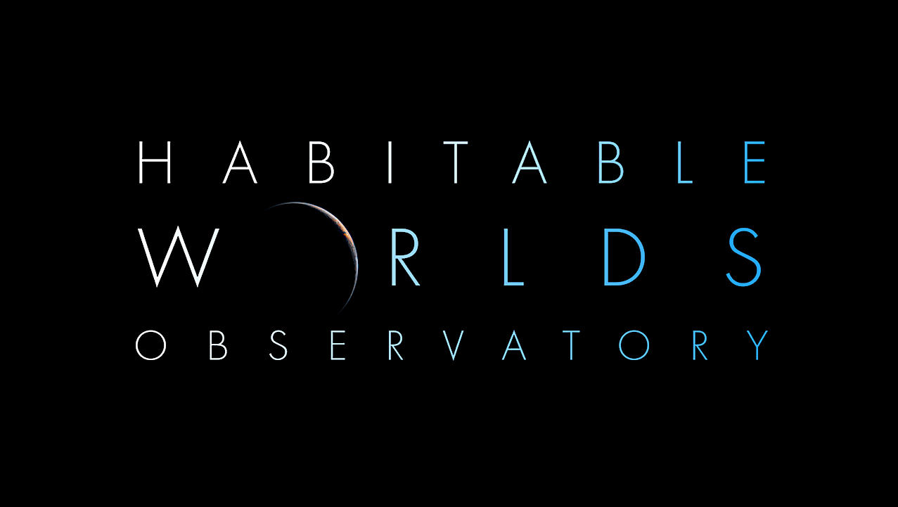 Logo for Habitble Worlds Observatory with text and a partial view of a planet against a black background.
