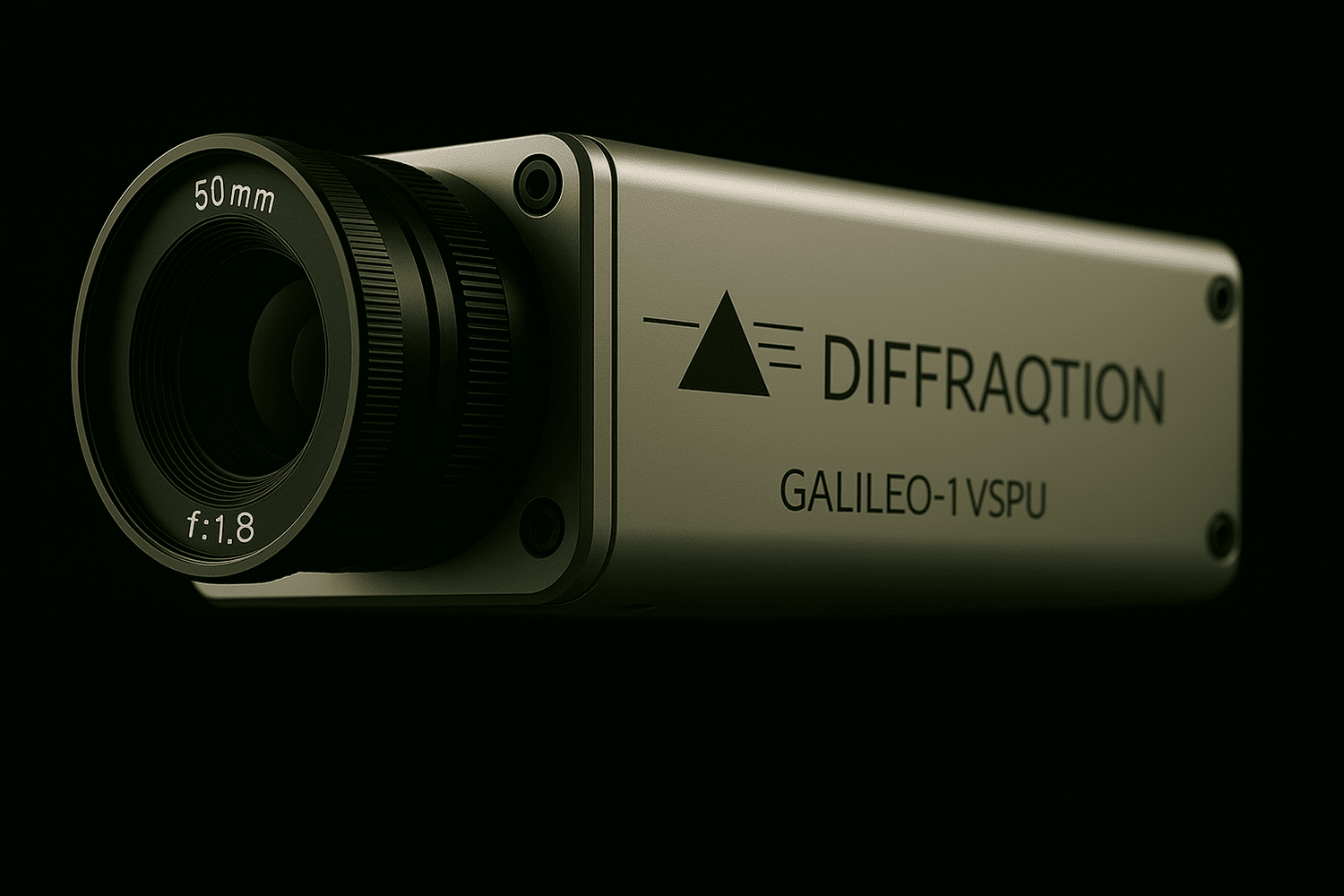 A scientific device labeled 'Diffraction GALILEO-1 VSPU' with a camera lens labeled '50mm f:1.8', set against a black background.