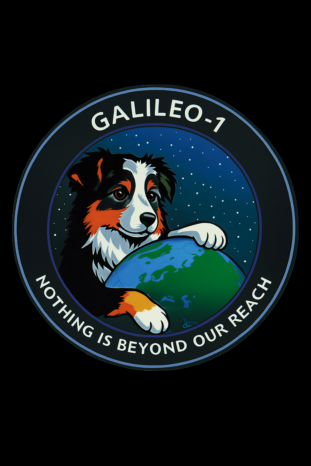 Artwork of a dog with a space helmet, holding the Earth, with stars in the background. Text says "GALILEO-1" at the top and "NOTHING IS BEYOND OUR REACH" at the bottom.
