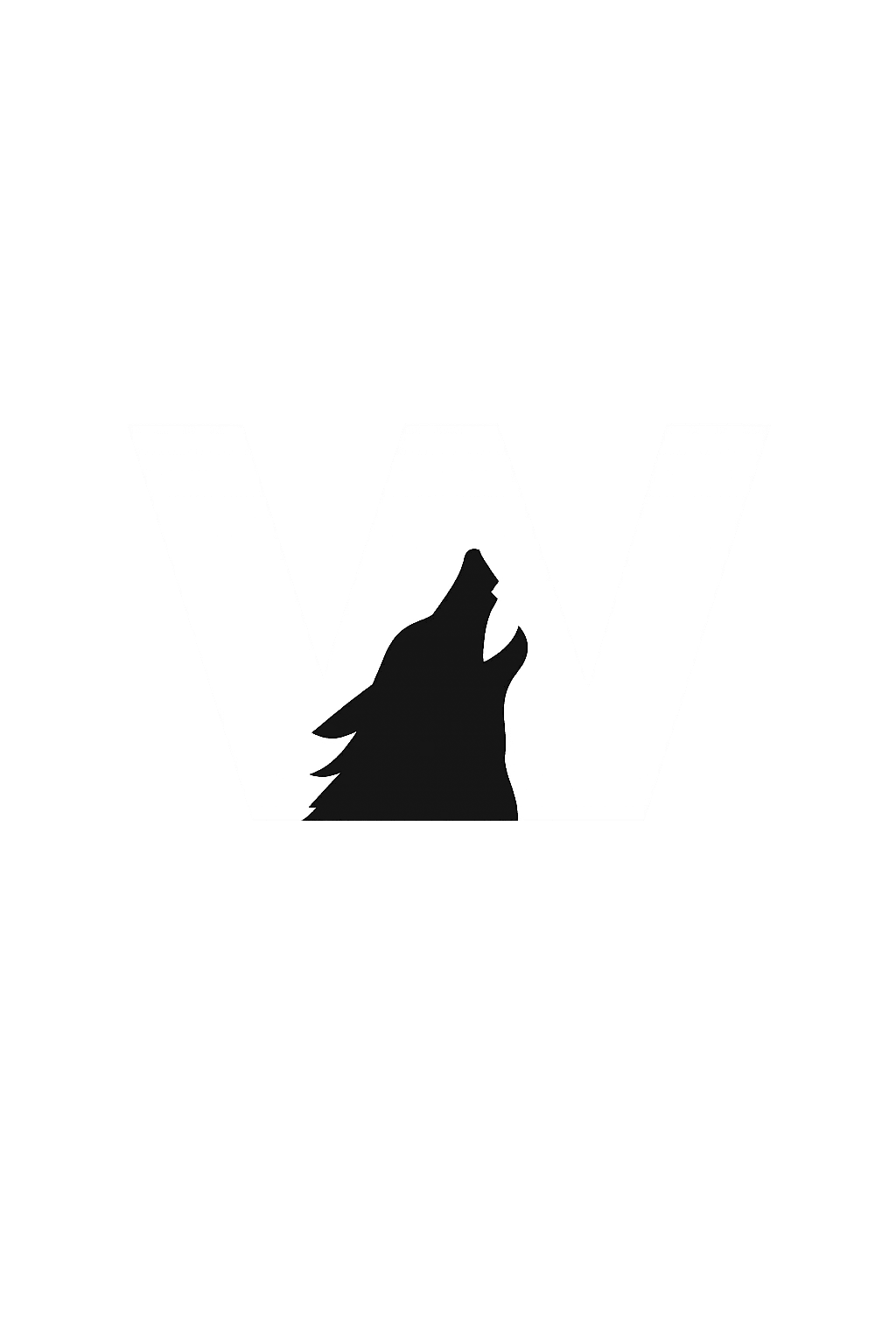 Silhouette of howling wolf against a bright white background with gray horizontal lines.